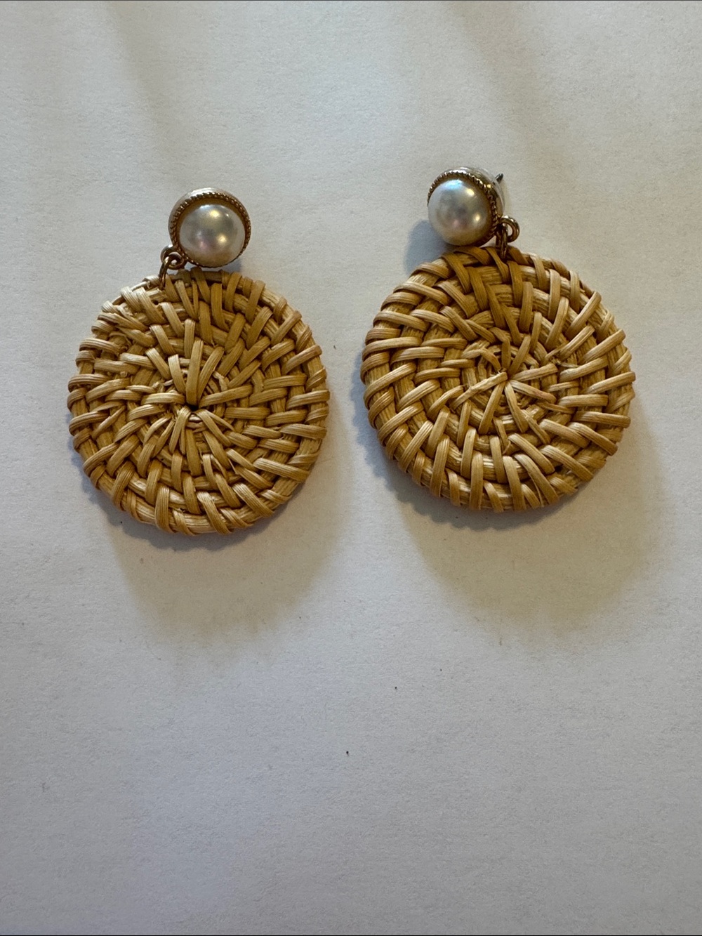 Woven Rattan Disc Earrings with Pearl Studs - Natural